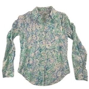Lilly Pulitzer Womens XXS Button Down Sea View Shirt Green Blue Shells Print